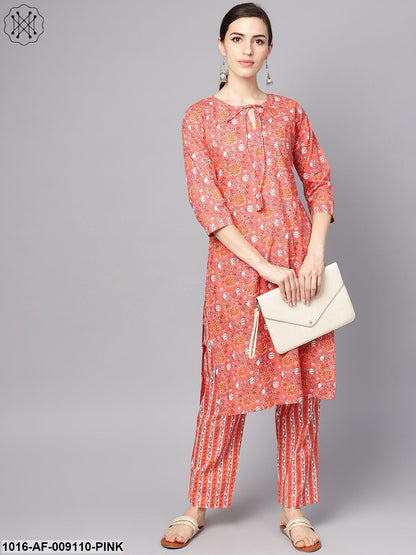Coral Pink Floral Print Kurta Set With Pants