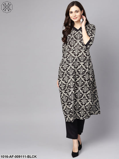 Black & White Floral Printed Kurta Set With Pants