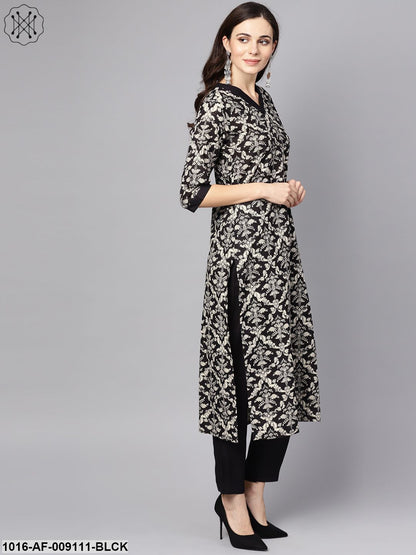 Black & White Floral Printed Kurta Set With Pants