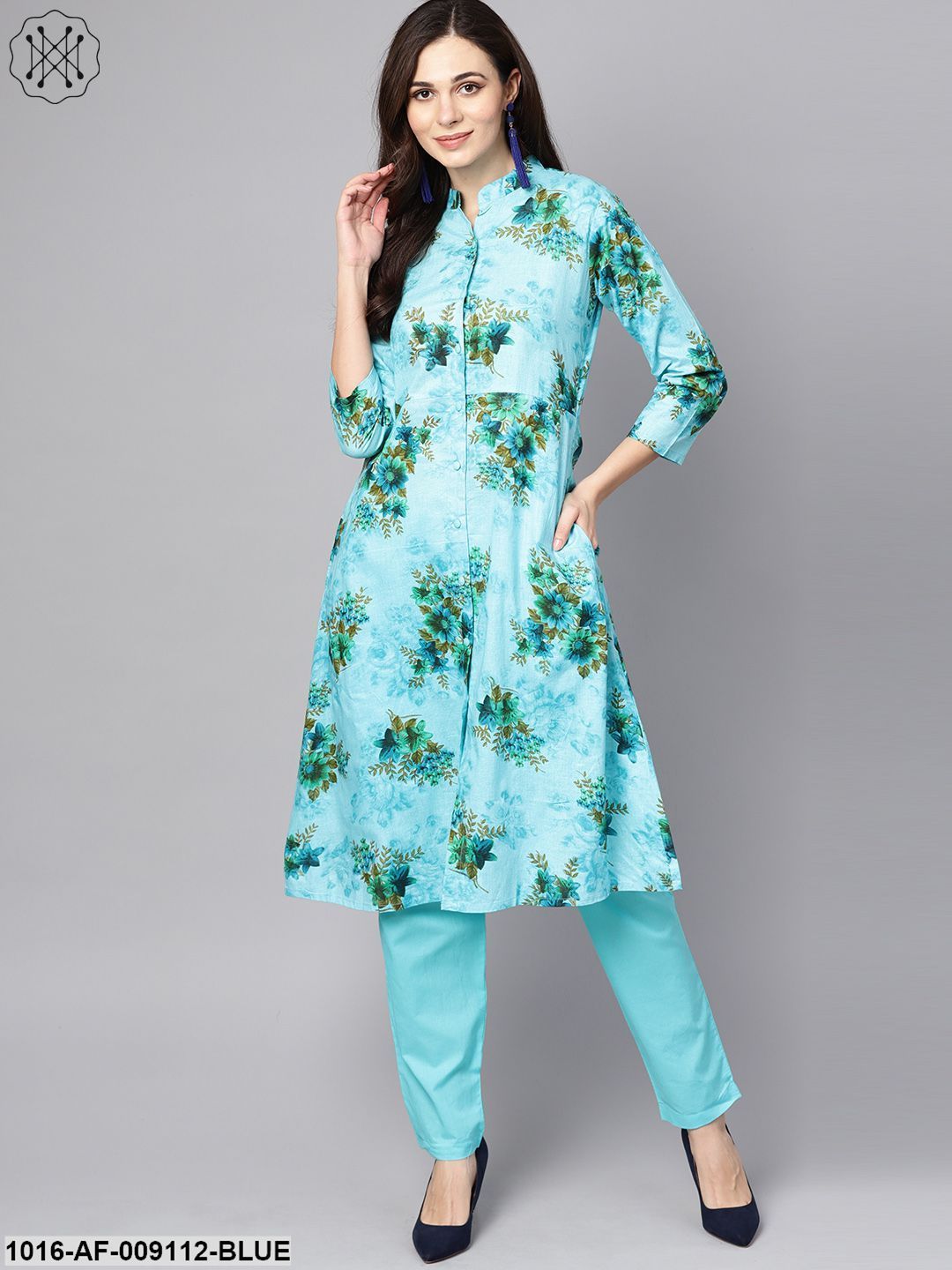 Sky Blue Floral Printed Kurta Set With Solid Pants