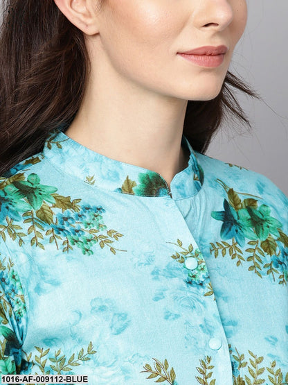 Sky Blue Floral Printed Kurta Set With Solid Pants