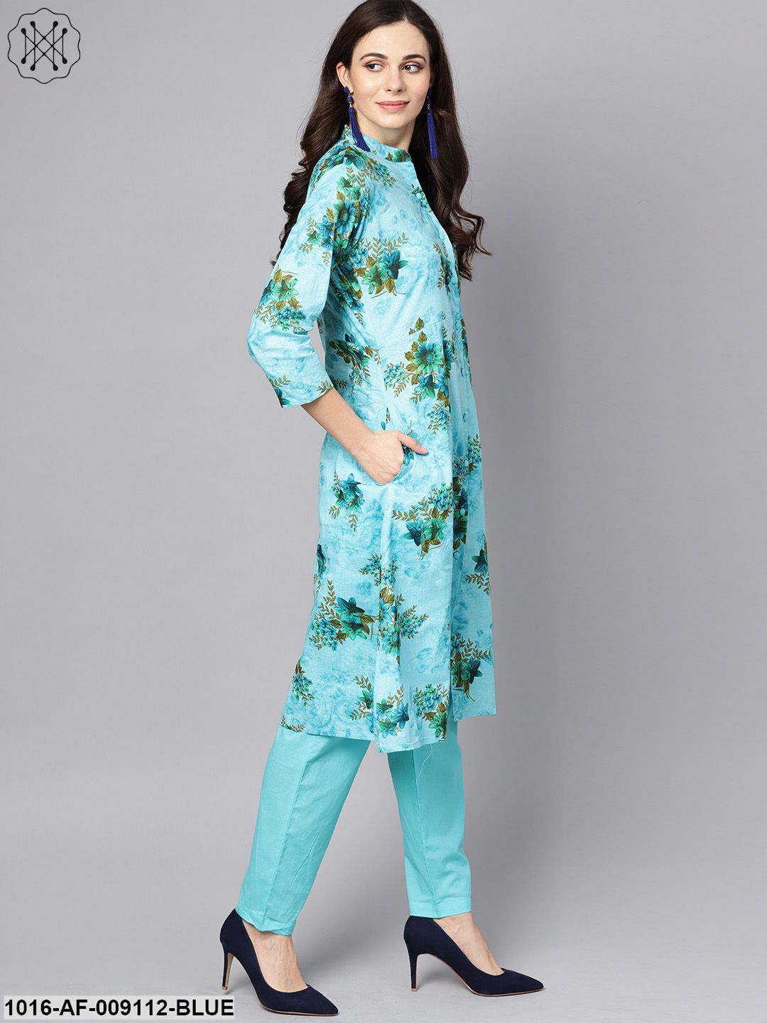 Sky Blue Floral Printed Kurta Set With Solid Pants