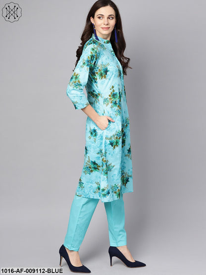 Sky Blue Floral Printed Kurta Set With Solid Pants