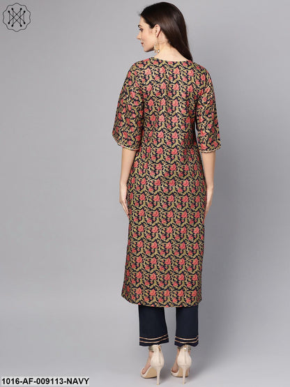Navy Blue & Gold Khari Floral Printed Kurta Set With Solid Navy Blue Pants
