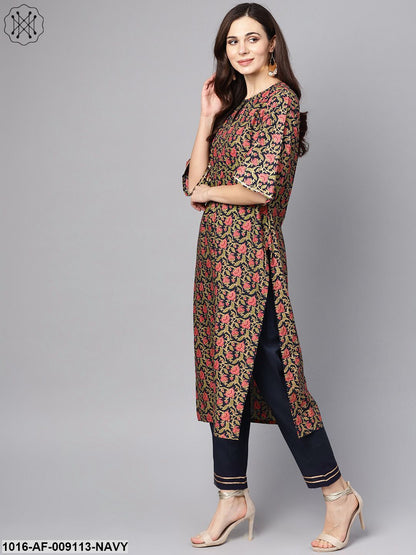 Navy Blue & Gold Khari Floral Printed Kurta Set With Solid Navy Blue Pants