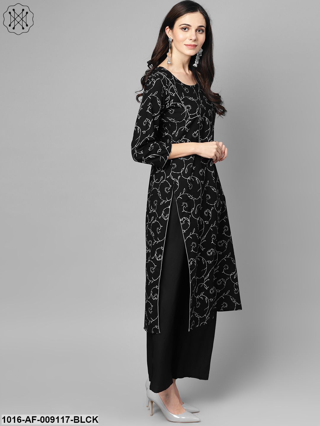 Black & Grey Floral Printed Kurta Set With Solid Black Palazzo