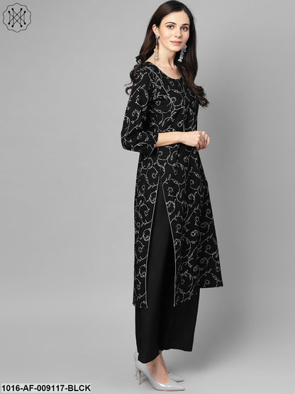 Black & Grey Floral Printed Kurta Set With Solid Black Palazzo