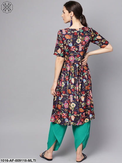 Navy Blue Multi Colored Pleated Kurta With Solid Tulip Pants