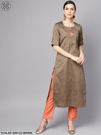 Solid Brown Half Sleeve Cotton Kurta With Solid Peach Pants