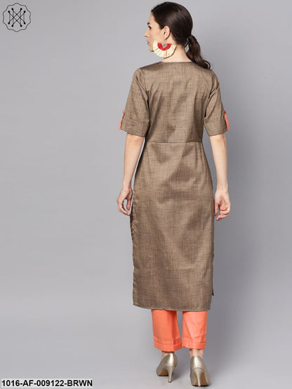 Solid Brown Half Sleeve Cotton Kurta With Solid Peach Pants