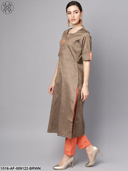 Solid Brown Half Sleeve Cotton Kurta With Solid Peach Pants