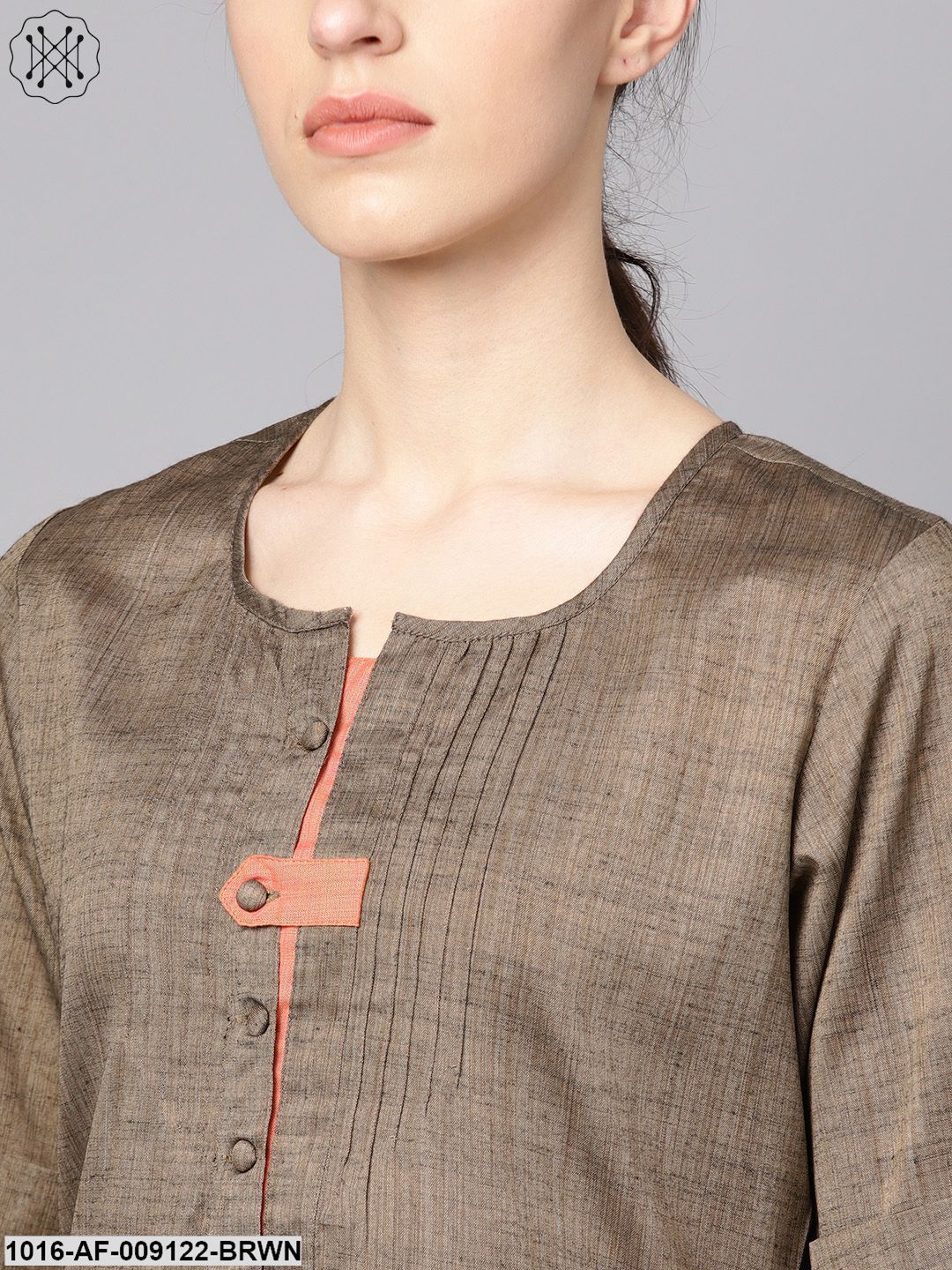 Solid Brown Half Sleeve Cotton Kurta With Solid Peach Pants