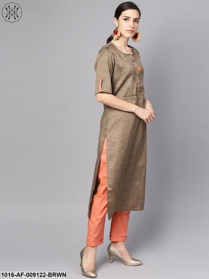 Solid Brown Half Sleeve Cotton Kurta With Solid Peach Pants