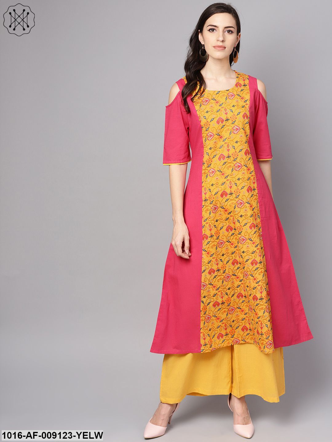 Yellow Patola Printed Cold Shoulder Sleeve Cotton Kurta With Solid Flared Palazzo