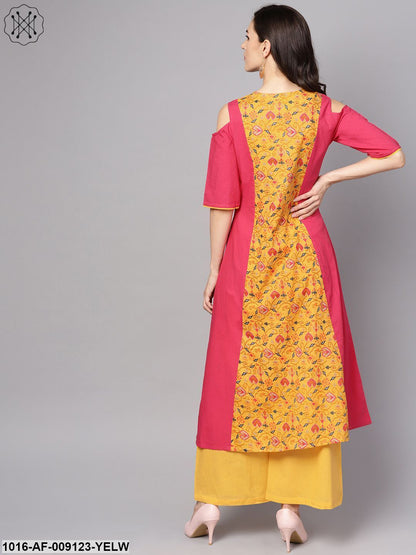 Yellow Patola Printed Cold Shoulder Sleeve Cotton Kurta With Solid Flared Palazzo