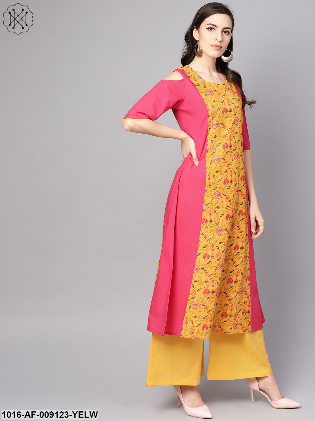 Yellow Patola Printed Cold Shoulder Sleeve Cotton Kurta With Solid Flared Palazzo