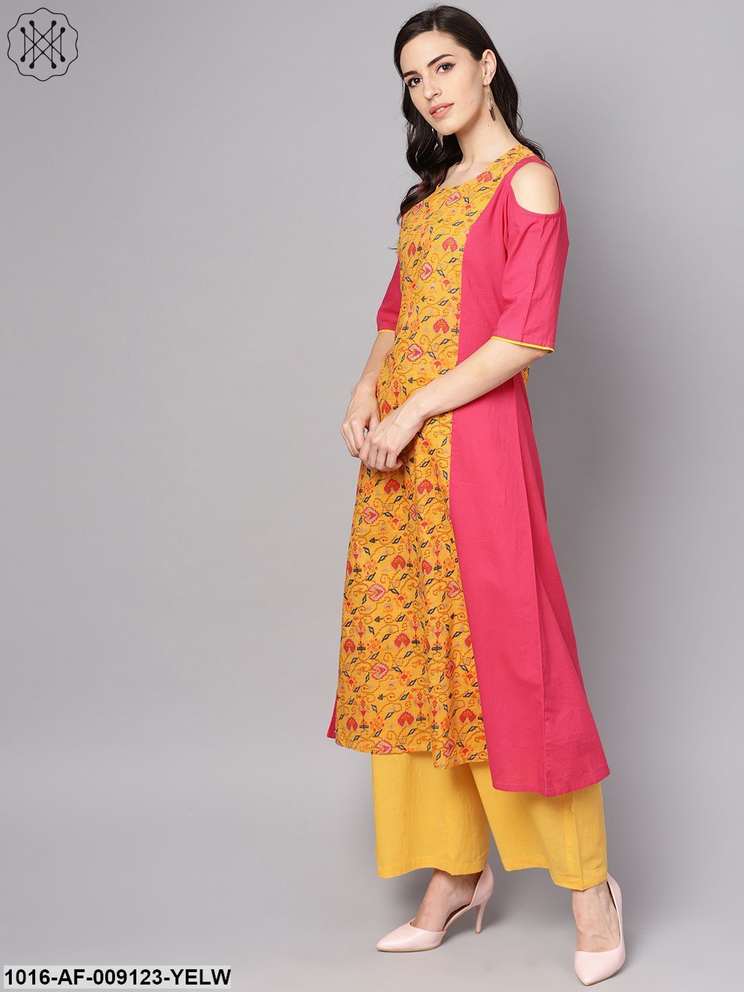 Yellow Patola Printed Cold Shoulder Sleeve Cotton Kurta With Solid Flared Palazzo