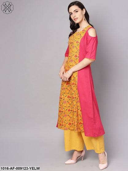 Yellow Patola Printed Cold Shoulder Sleeve Cotton Kurta With Solid Flared Palazzo
