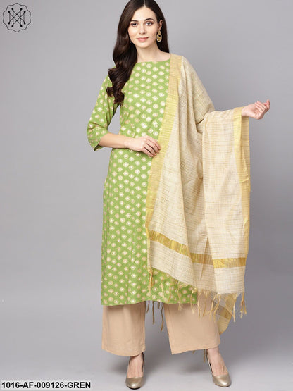 Green 3/4Th Sleeve Rayon Kurta With Beige Palazzo And Dupatta