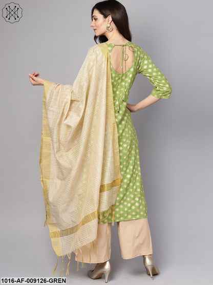Green 3/4Th Sleeve Rayon Kurta With Beige Palazzo And Dupatta