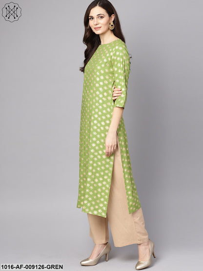 Green 3/4Th Sleeve Rayon Kurta With Beige Palazzo And Dupatta