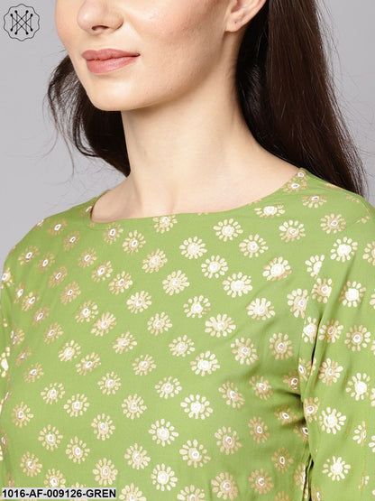 Green 3/4Th Sleeve Rayon Kurta With Beige Palazzo And Dupatta