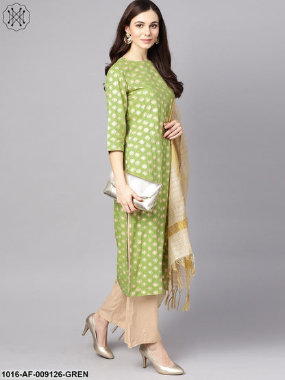Green 3/4Th Sleeve Rayon Kurta With Beige Palazzo And Dupatta