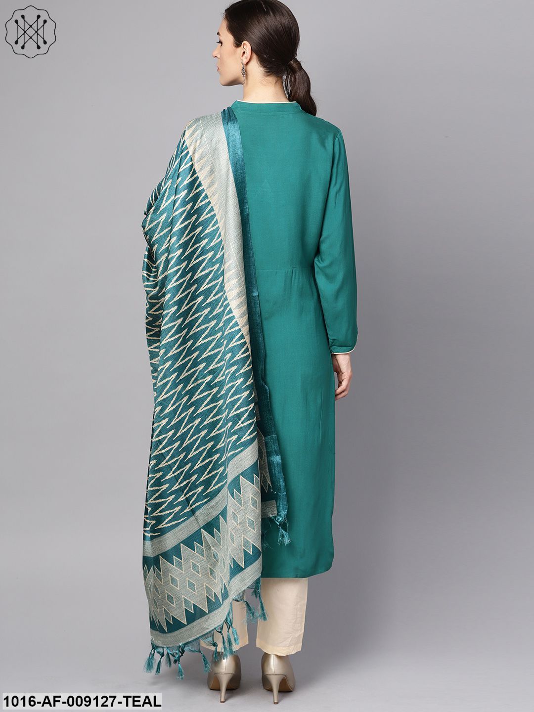 Teal Blue 3/4Th Sleeve Cotton Kurta With Beige Palazzo And Printed Dupatta