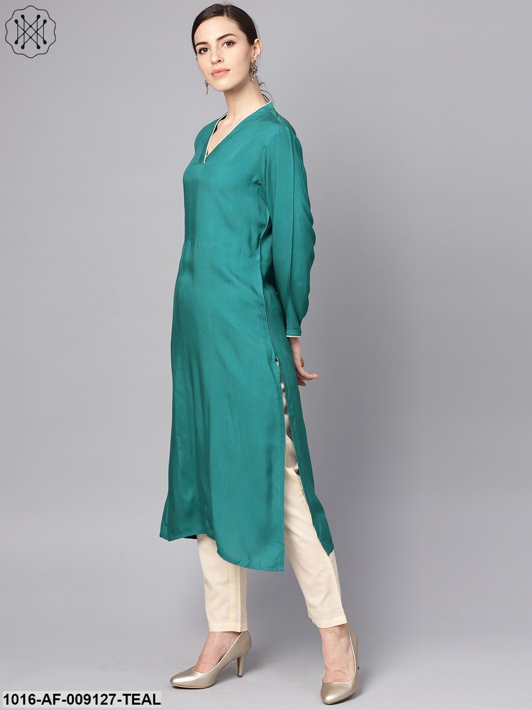 Teal Blue 3/4Th Sleeve Cotton Kurta With Beige Palazzo And Printed Dupatta