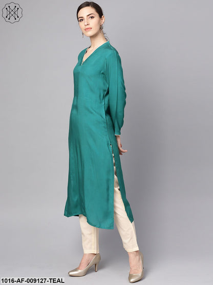 Teal Blue 3/4Th Sleeve Cotton Kurta With Beige Palazzo And Printed Dupatta