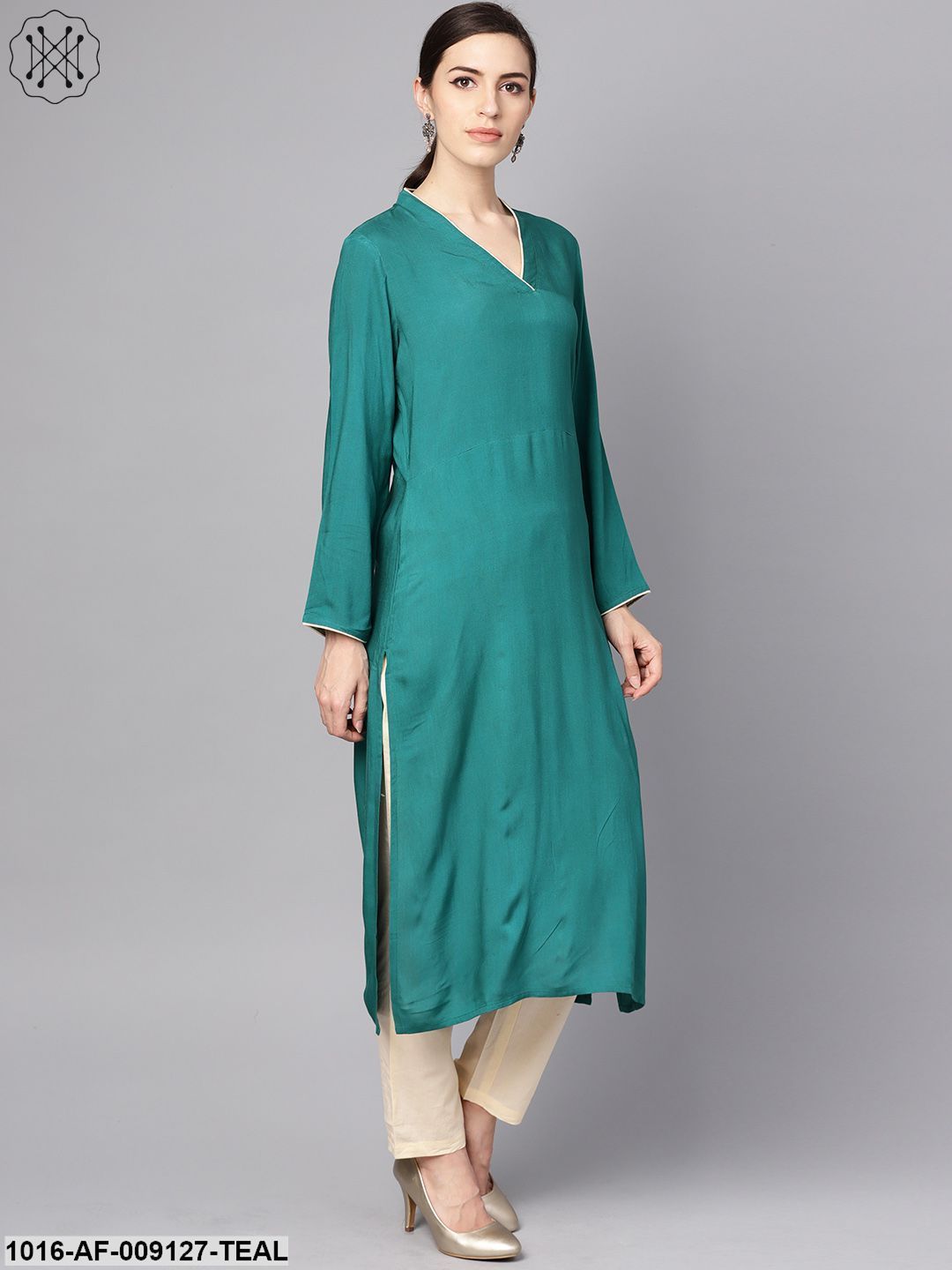 Teal Blue 3/4Th Sleeve Cotton Kurta With Beige Palazzo And Printed Dupatta