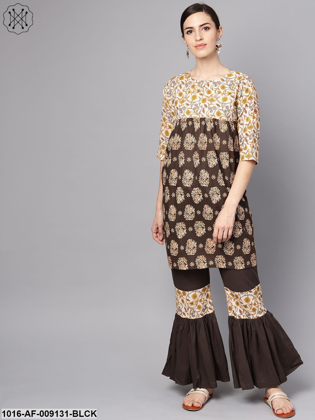 Black & Beige Printed Kurti With Printed Sharara