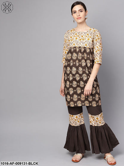Black & Beige Printed Kurti With Printed Sharara
