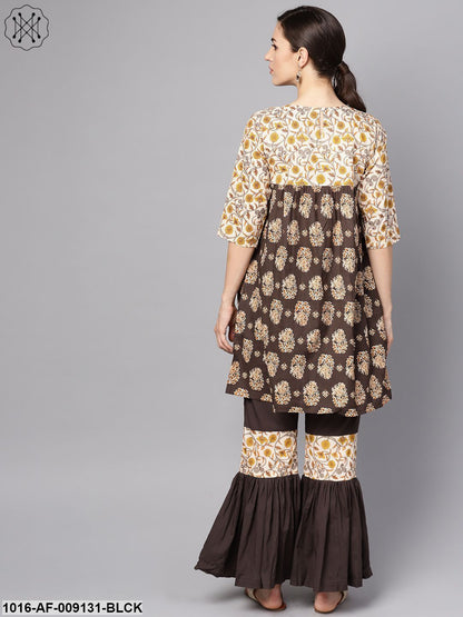 Black & Beige Printed Kurti With Printed Sharara