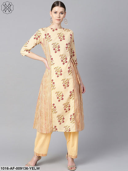 Floral Printed Kurta With Striped Panels With Solid Light Beige Salwar
