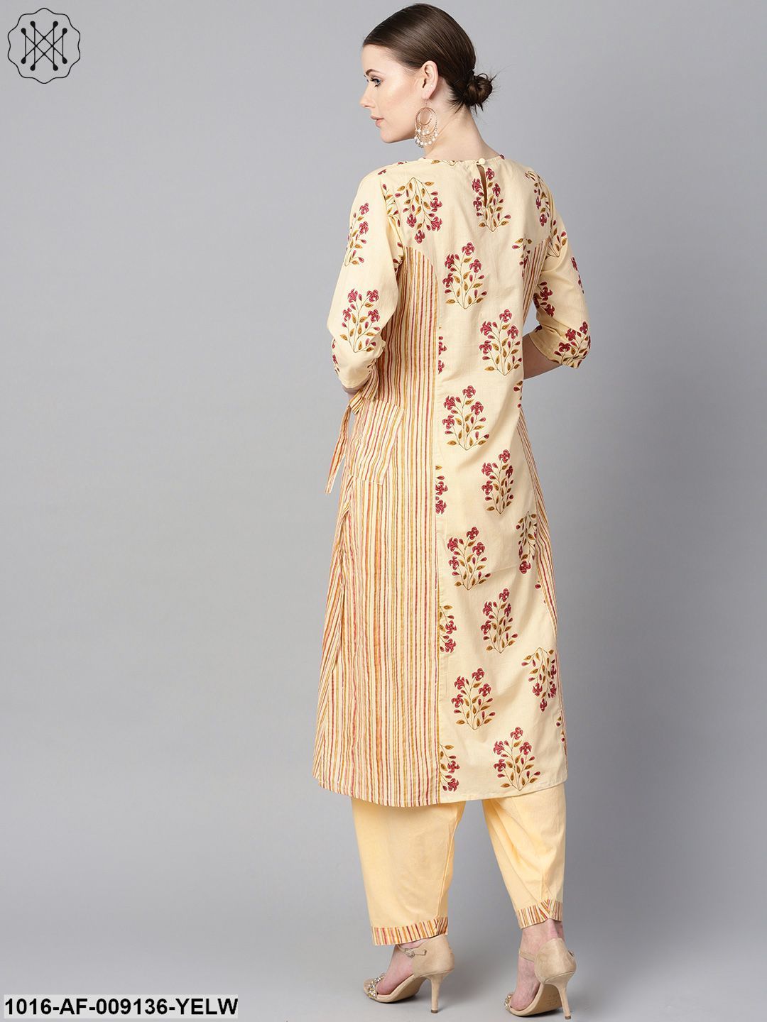 Floral Printed Kurta With Striped Panels With Solid Light Beige Salwar