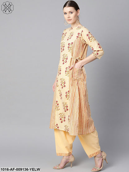 Floral Printed Kurta With Striped Panels With Solid Light Beige Salwar