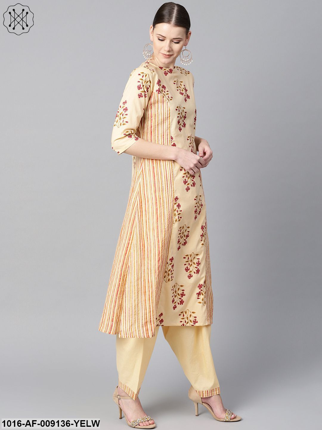 Floral Printed Kurta With Striped Panels With Solid Light Beige Salwar