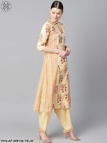 Floral Printed Kurta With Striped Panels With Solid Light Beige Salwar