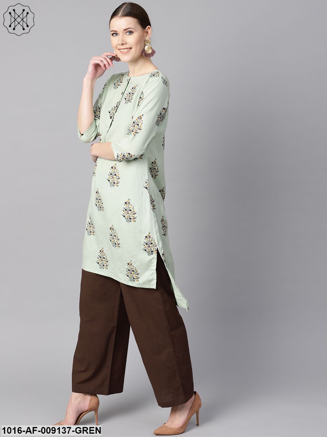Floral Printed Assymetrical Kurta With Solid Chocolate Brown Palazzo