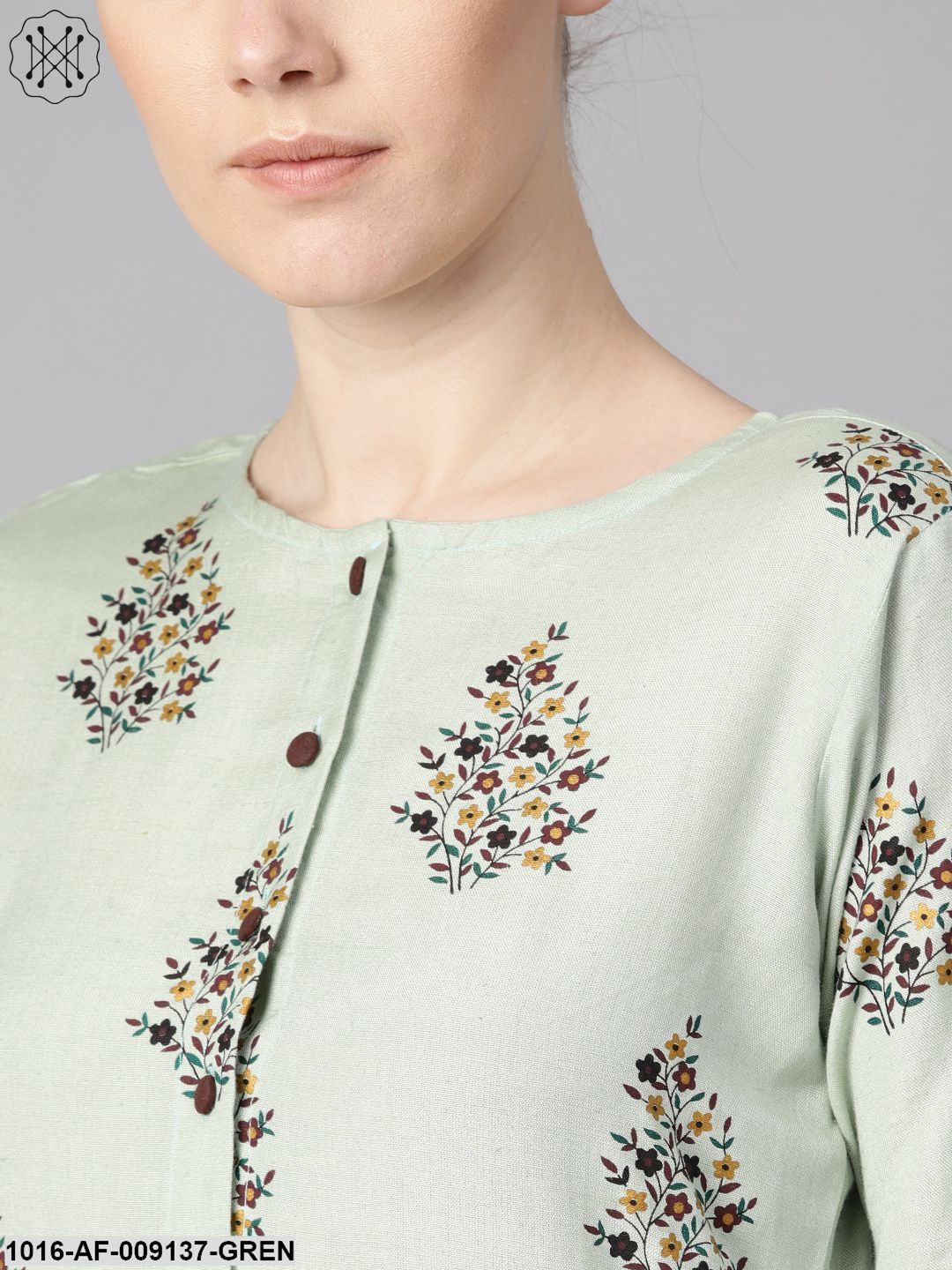 Floral Printed Assymetrical Kurta With Solid Chocolate Brown Palazzo