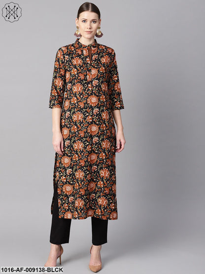 Floral Printed 3/4Th Sleeve A-Line Kurta With Solid Black Pants
