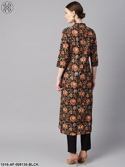Floral Printed 3/4Th Sleeve A-Line Kurta With Solid Black Pants