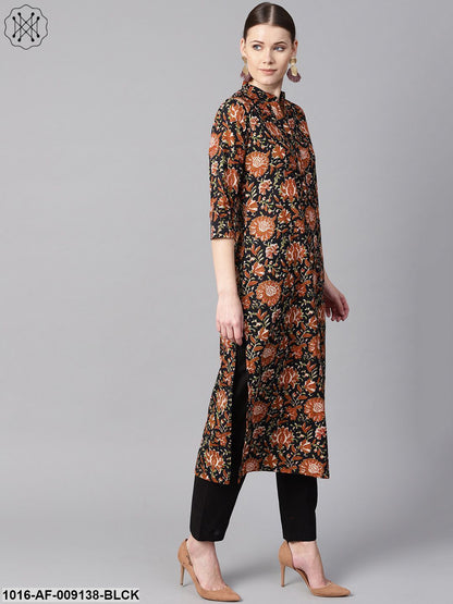 Floral Printed 3/4Th Sleeve A-Line Kurta With Solid Black Pants