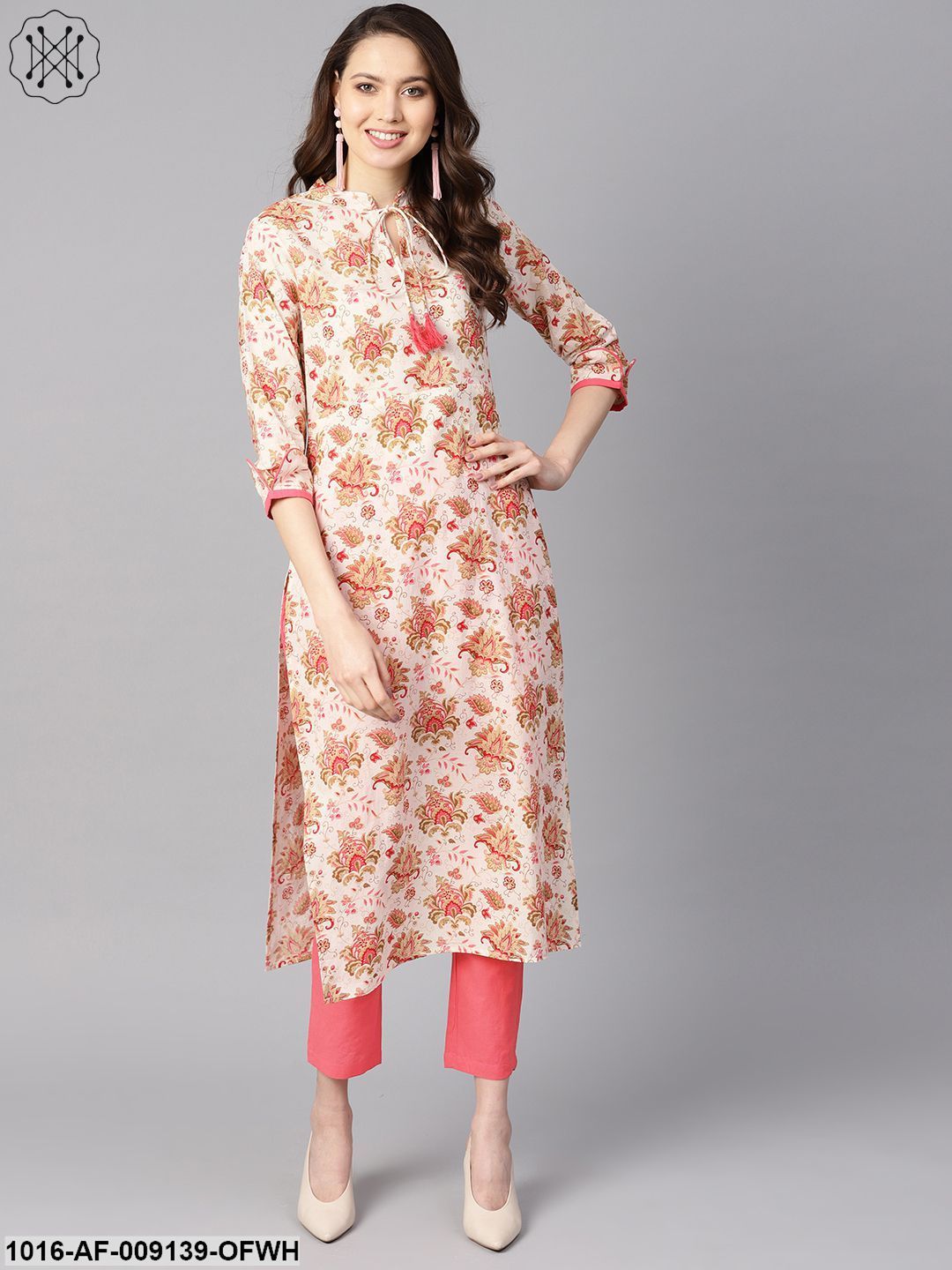 Multi Colored Floral Printed Straight Kurta With Detailed Cuff With Solid Pink Pants