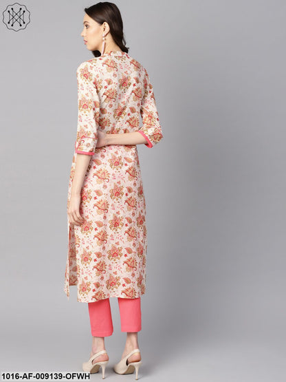 Multi Colored Floral Printed Straight Kurta With Detailed Cuff With Solid Pink Pants