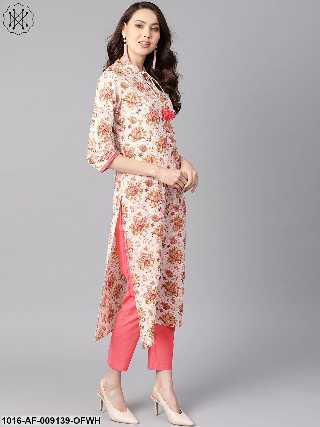 Multi Colored Floral Printed Straight Kurta With Detailed Cuff With Solid Pink Pants