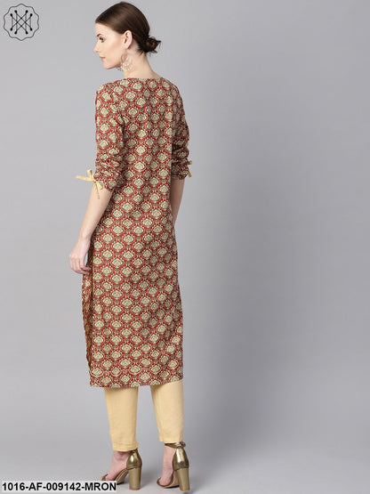 Maroon Floral Printed Kurta With Draw String Detailed Sleeves And Pale Yellow Pants