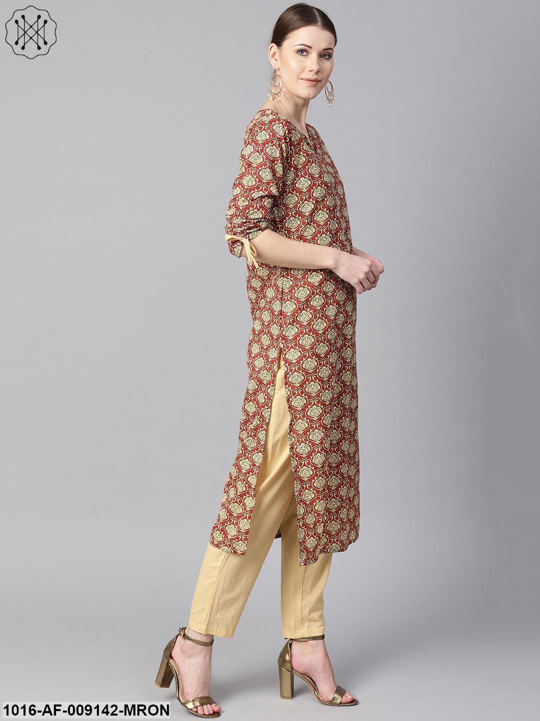 Maroon Floral Printed Kurta With Draw String Detailed Sleeves And Pale Yellow Pants