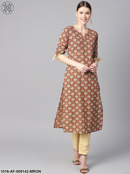 Maroon Floral Printed Kurta With Draw String Detailed Sleeves And Pale Yellow Pants